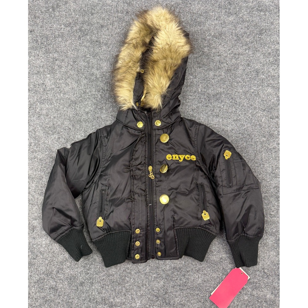 Kids Enyce Vintage Black Hooded Bomber Jacket Faux Fur Gold Sequins Embellished